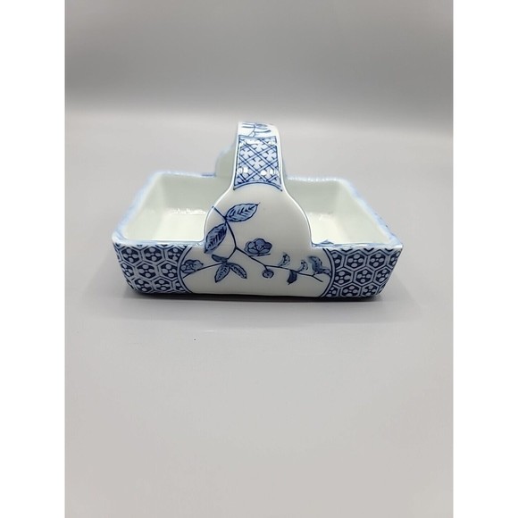 Fitz & Floyd Other - Fitz & Floyd Japan Square Trinket Basket Blue and White With Flowers Handle